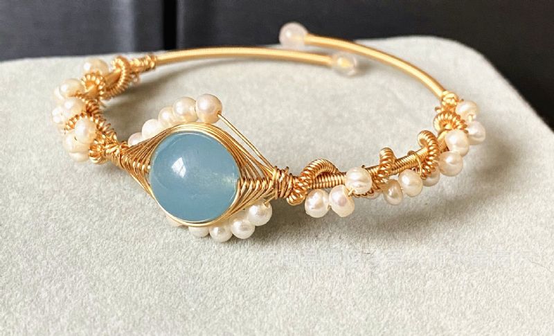 14k Goldwrapped Bracelet Fait Main Hailan Baohai Sapphire Natural White Pearl Bracelet