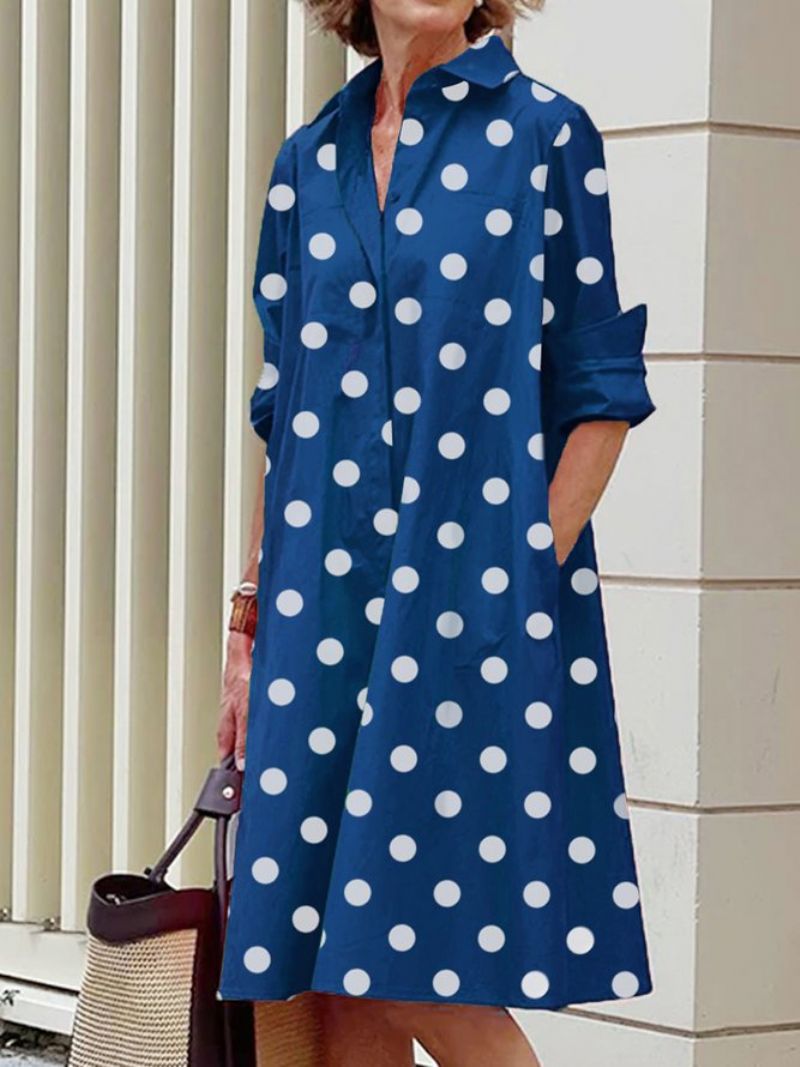 Robe Col Chemise Coupe Classique À Pois Et Manches Longues