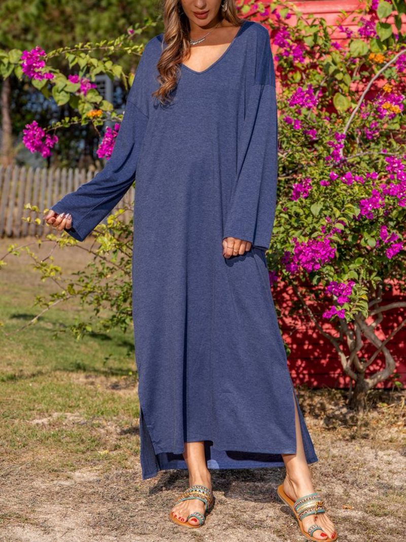 Robe Droite À Manches Longues En Coton Mélangé Bleu