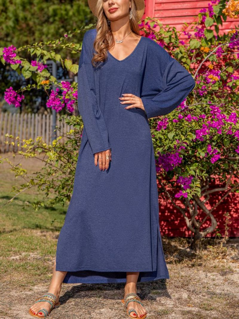 Robe Droite À Manches Longues En Coton Mélangé Bleu