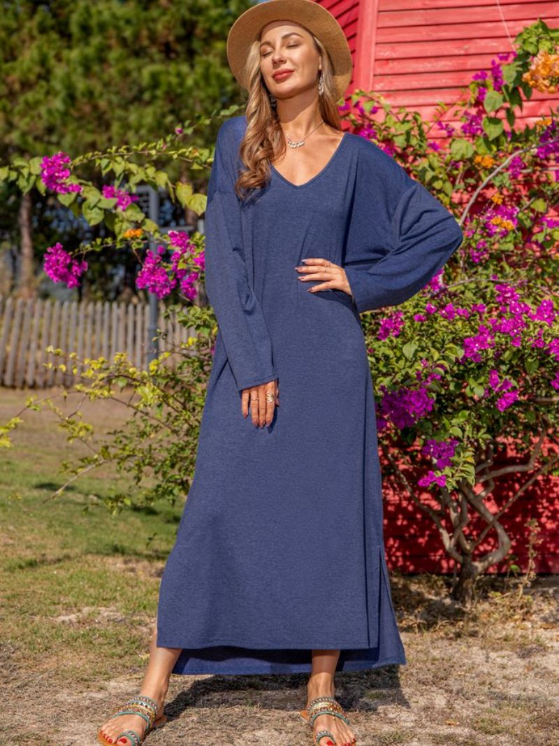 Robe Droite À Manches Longues En Coton Mélangé Bleu