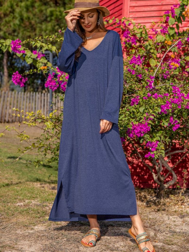 Robe Droite À Manches Longues En Coton Mélangé Bleu