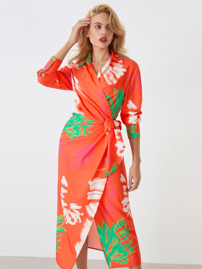 Robe Imprimée Florale À Manches Longues Et Col Chemise De Vacances