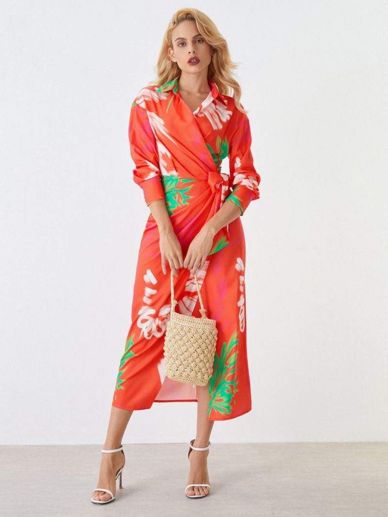 Robe Imprimée Florale À Manches Longues Et Col Chemise De Vacances