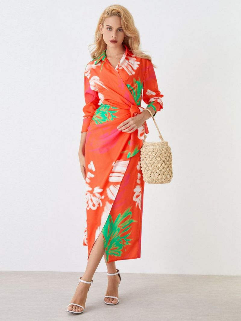 Robe Imprimée Florale À Manches Longues Et Col Chemise De Vacances