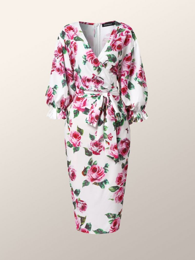 Robe Mi-longue Élégante À Fleurs Et Manches Lanterne