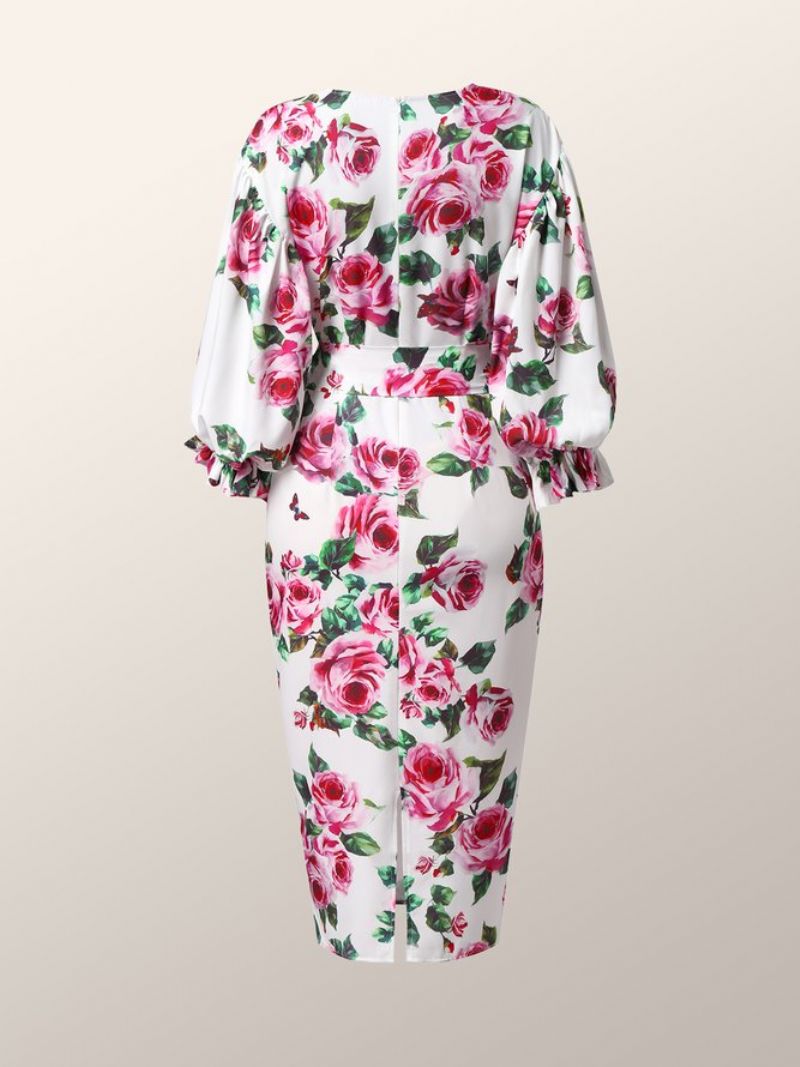 Robe Mi-longue Élégante À Fleurs Et Manches Lanterne