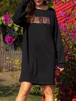 Robe Noire En Mélange De Coton À Manches Longues Et Col Rond