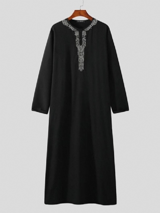 Robe Caftan Décontractée À Manches Longues Pour Hommes Avec Bouton Brodé Vintage