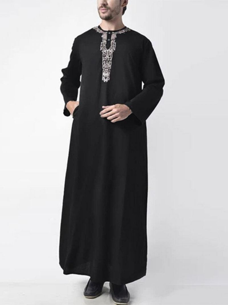 Robe Caftan Décontractée À Manches Longues Pour Hommes Avec Bouton Brodé Vintage