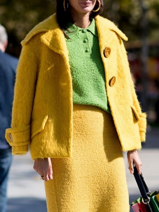 Manteau En Peluche Boutonné Urbain À Col À Revers Uni