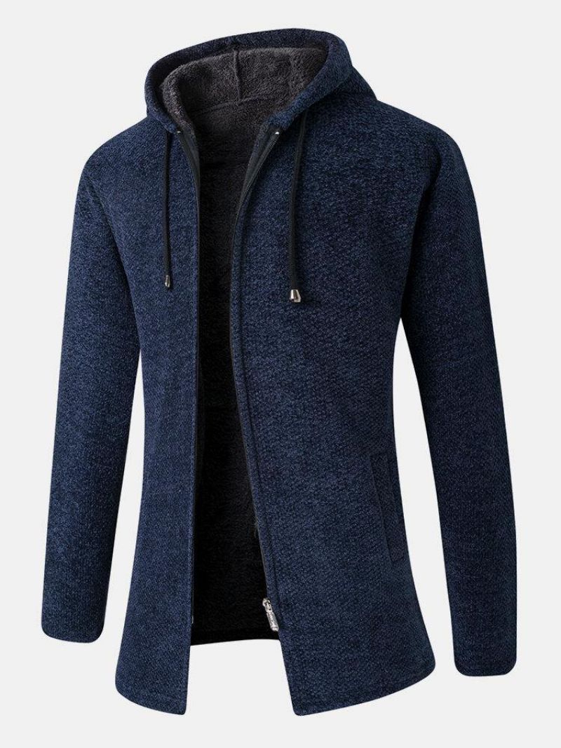 Manteau De Tricot À Capuche Avec Cordon De Serrage Mi-long Chaud De Couleur Unie Pour Hommes Avec Poche