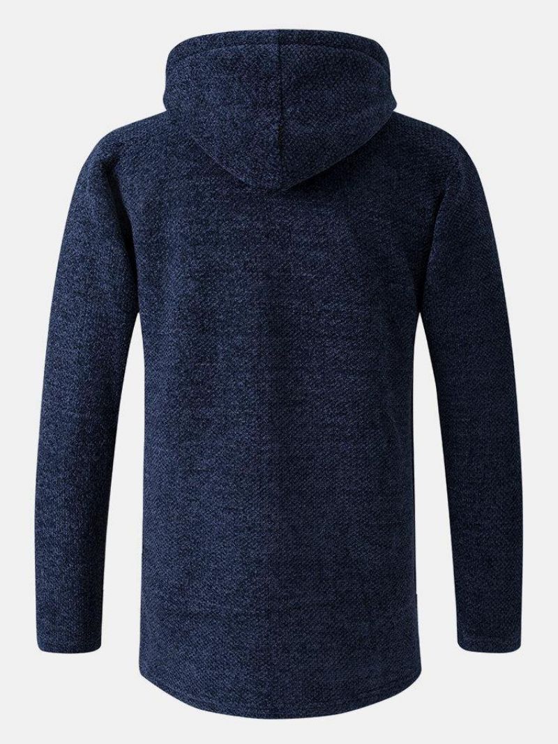 Manteau De Tricot À Capuche Avec Cordon De Serrage Mi-long Chaud De Couleur Unie Pour Hommes Avec Poche