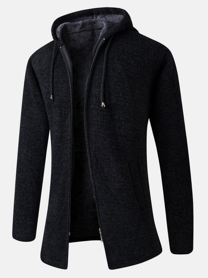 Manteau De Tricot À Capuche Avec Cordon De Serrage Mi-long Chaud De Couleur Unie Pour Hommes Avec Poche