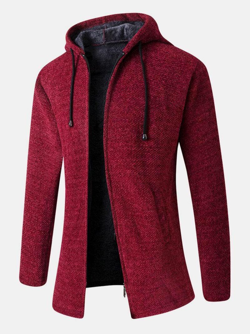 Manteau De Tricot À Capuche Avec Cordon De Serrage Mi-long Chaud De Couleur Unie Pour Hommes Avec Poche