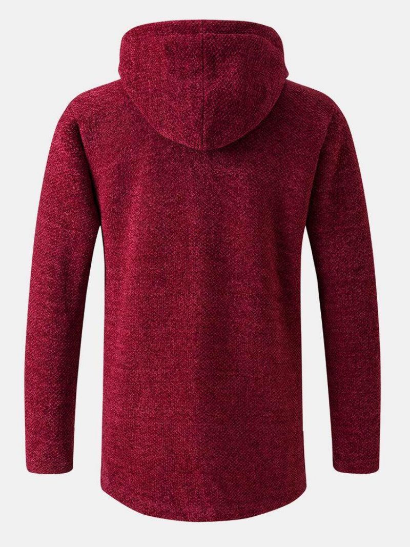 Manteau De Tricot À Capuche Avec Cordon De Serrage Mi-long Chaud De Couleur Unie Pour Hommes Avec Poche