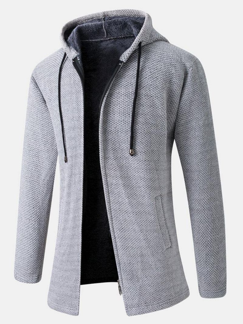 Manteau De Tricot À Capuche Avec Cordon De Serrage Mi-long Chaud De Couleur Unie Pour Hommes Avec Poche