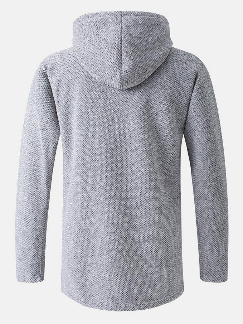 Manteau De Tricot À Capuche Avec Cordon De Serrage Mi-long Chaud De Couleur Unie Pour Hommes Avec Poche