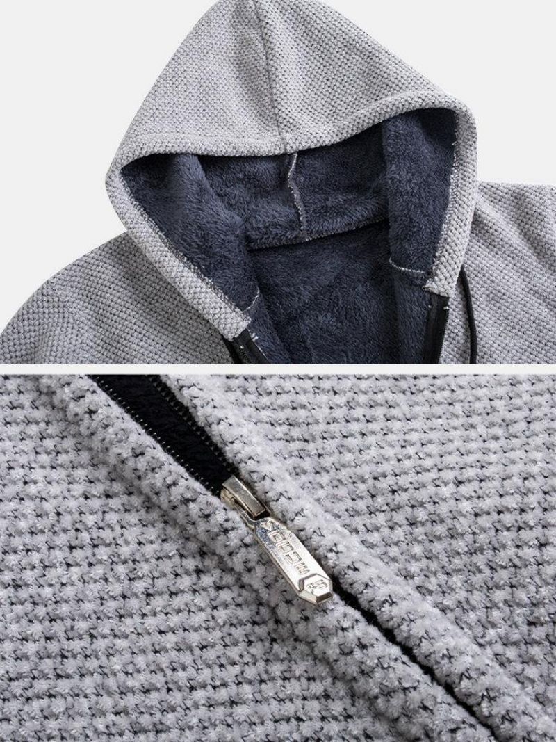 Manteau De Tricot À Capuche Avec Cordon De Serrage Mi-long Chaud De Couleur Unie Pour Hommes Avec Poche