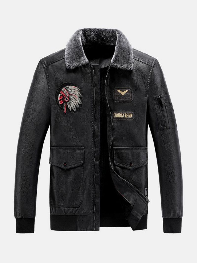 Blouson Aviateur En Cuir Pu Avec Col En Fausse Fourrure Brodé Pour Hommes