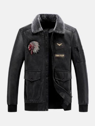 Blouson Aviateur En Cuir Pu Avec Col En Fausse Fourrure Brodé Pour Hommes