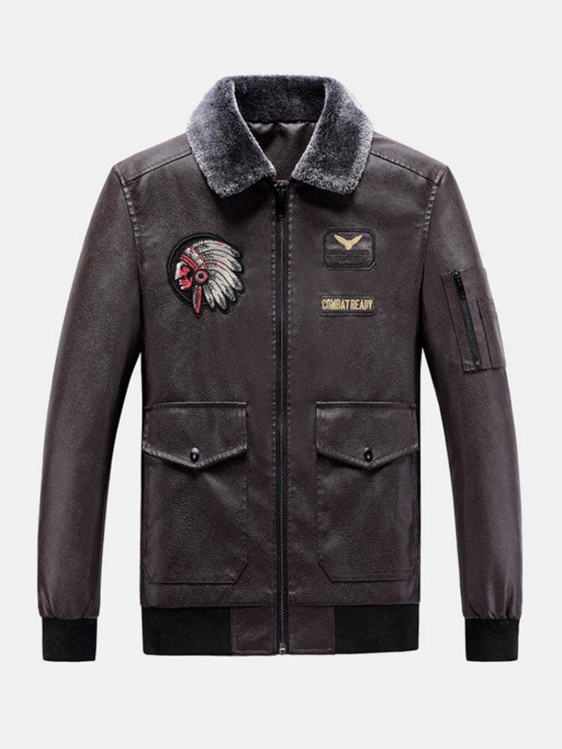 Blouson Aviateur En Cuir Pu Avec Col En Fausse Fourrure Brodé Pour Hommes