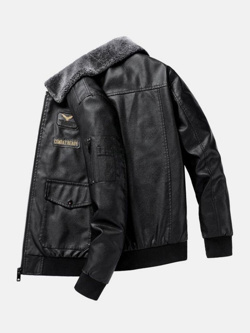 Blouson Aviateur En Cuir Pu Avec Col En Fausse Fourrure Brodé Pour Hommes