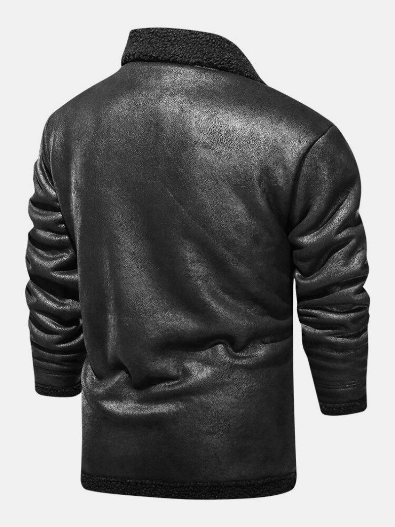 Veste En Cuir Pu Épaisse Doublée De Polaire De Couleur Unie Pour Hommes Avec Poche