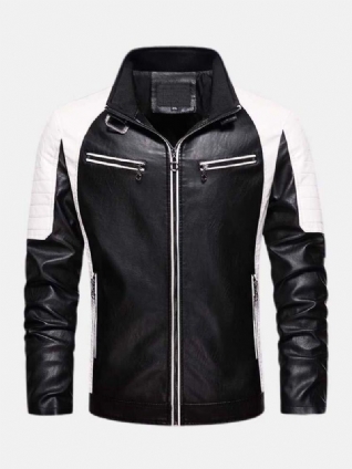 Veste En Cuir Pu De Moto Lavée En Patchwork Contrasté Pour Hommes Avec Poche