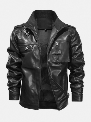 Veste De Moto À Manches Longues En Cuir Pu Noir Avec Poche Zippée Pour Hommes