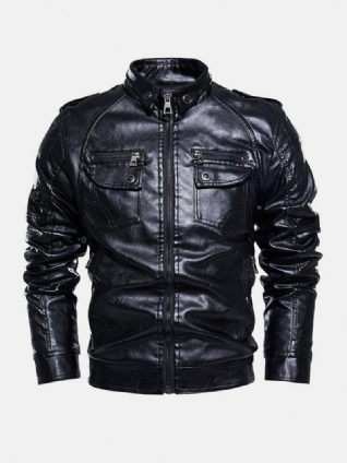 Veste De Moto À Revers Zippé En Cuir Pu Pour Hommes Avec Poche