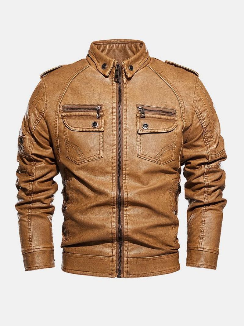 Veste De Moto À Revers Zippé En Cuir Pu Pour Hommes Avec Poche