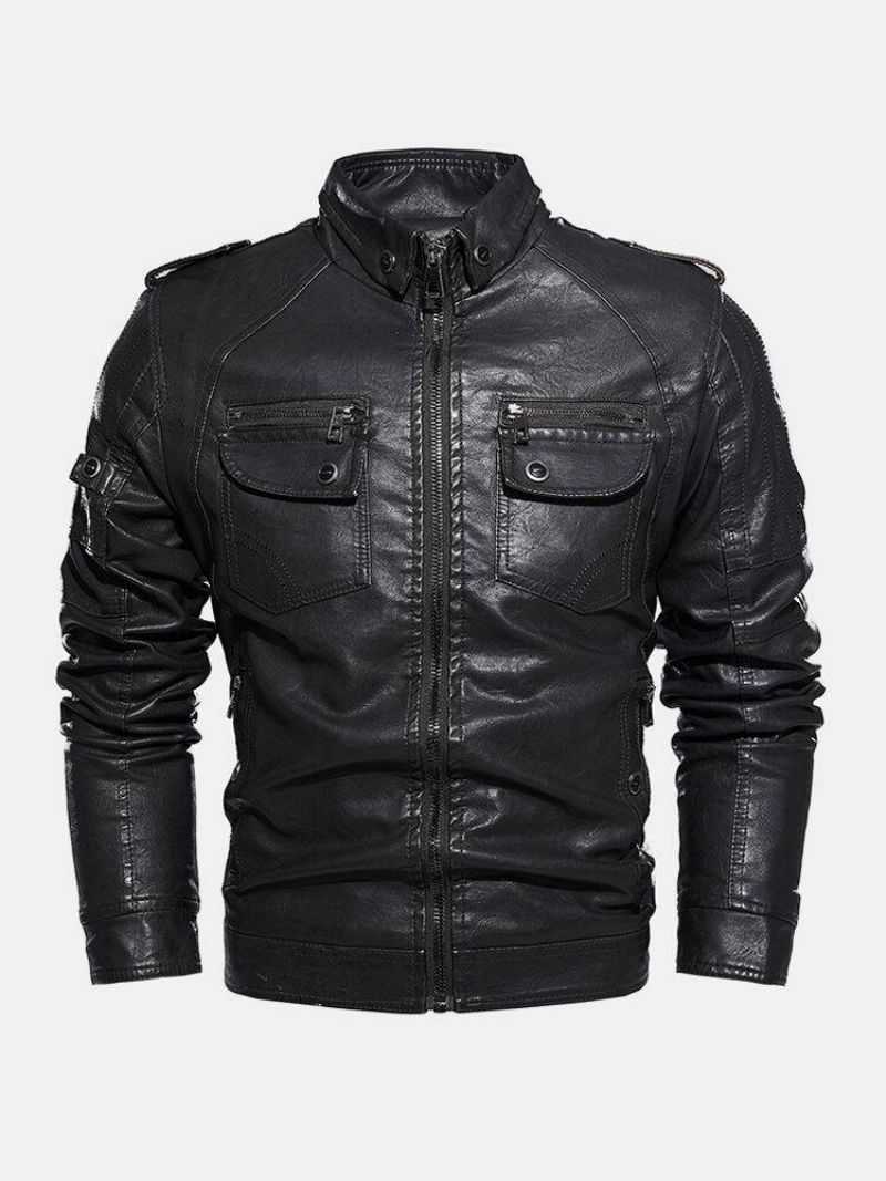 Veste De Moto À Revers Zippé En Cuir Pu Pour Hommes Avec Poche