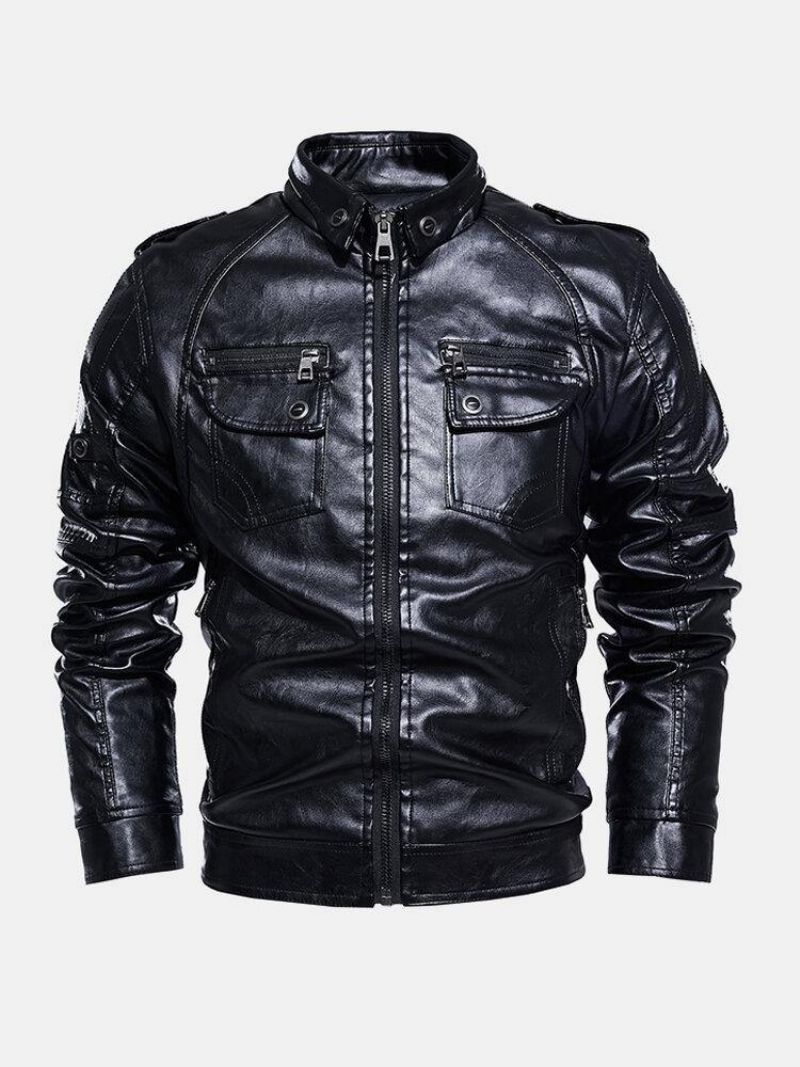 Veste De Moto À Revers Zippé En Cuir Pu Pour Hommes Avec Poche