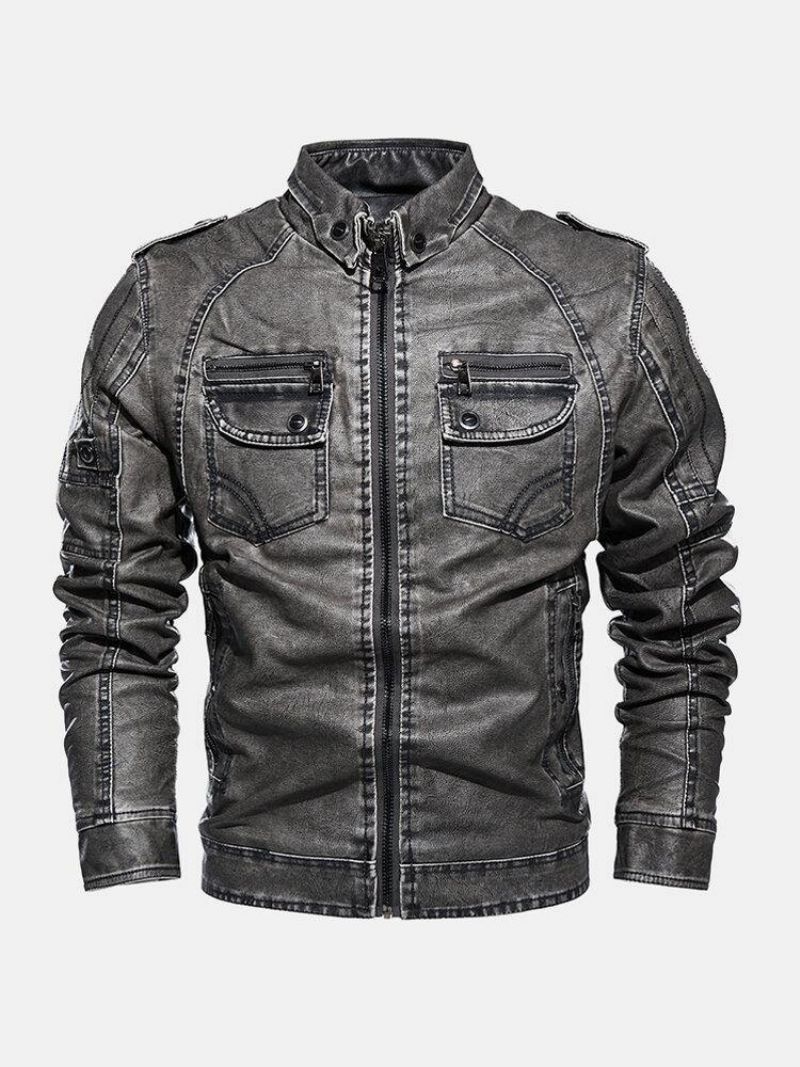 Veste De Moto À Revers Zippé En Cuir Pu Pour Hommes Avec Poche