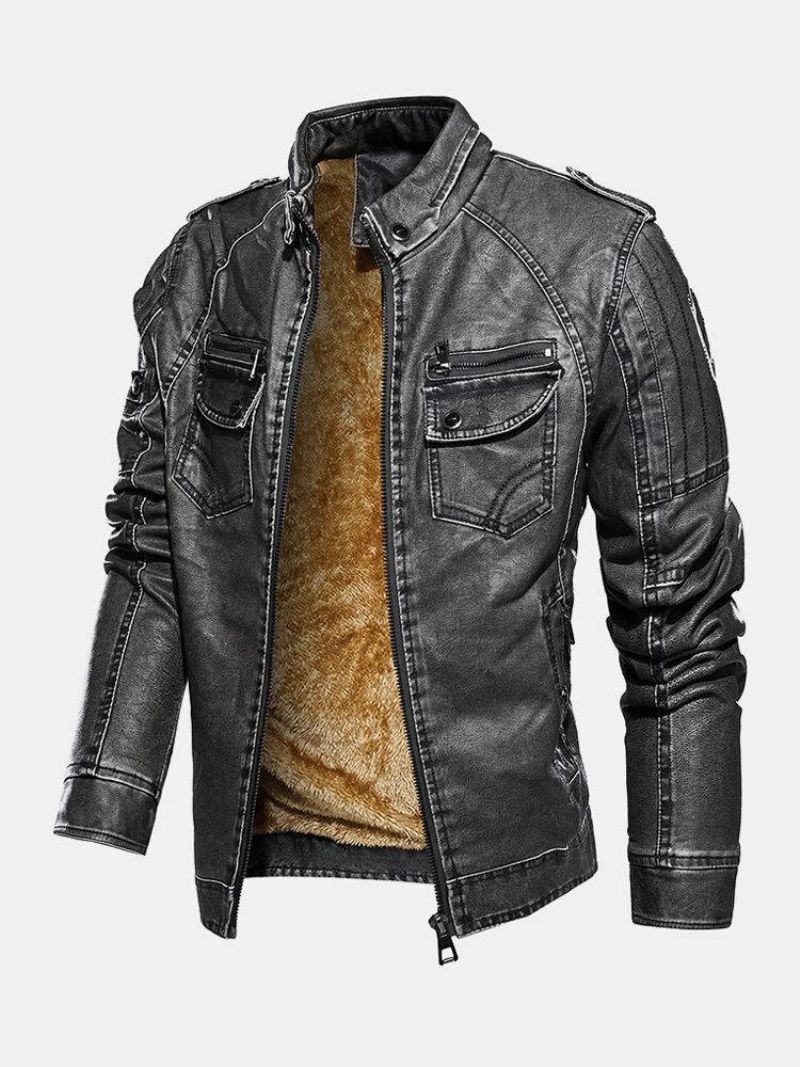 Veste De Moto À Revers Zippé En Cuir Pu Pour Hommes Avec Poche