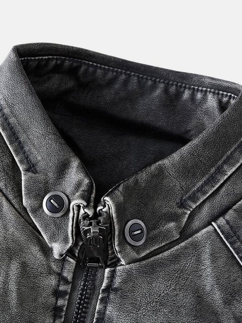 Veste De Moto À Revers Zippé En Cuir Pu Pour Hommes Avec Poche