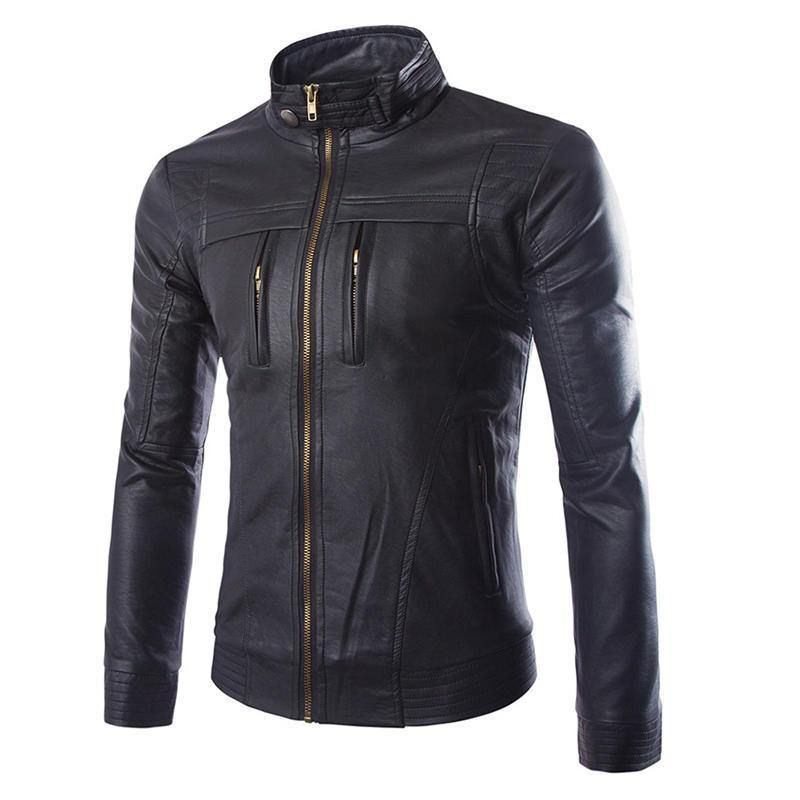 Veste En Similicuir Noir Pour Homme Avec Col Montant Et Fermeture Éclair