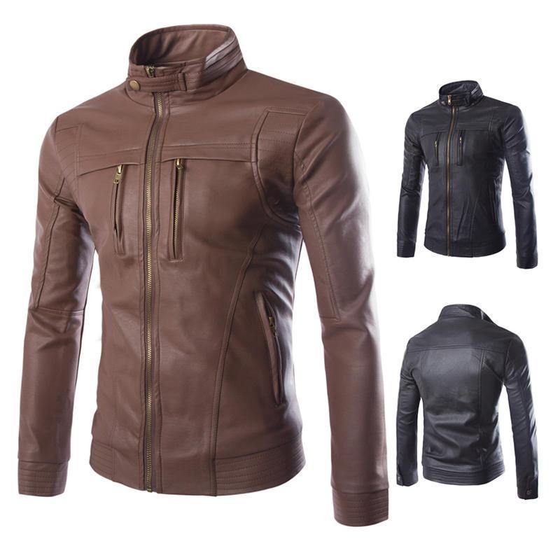 Veste En Similicuir Noir Pour Homme Avec Col Montant Et Fermeture Éclair