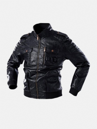 Vestes De Moto En Cuir Pu À Col Montant Multi-poches Pour Hommes