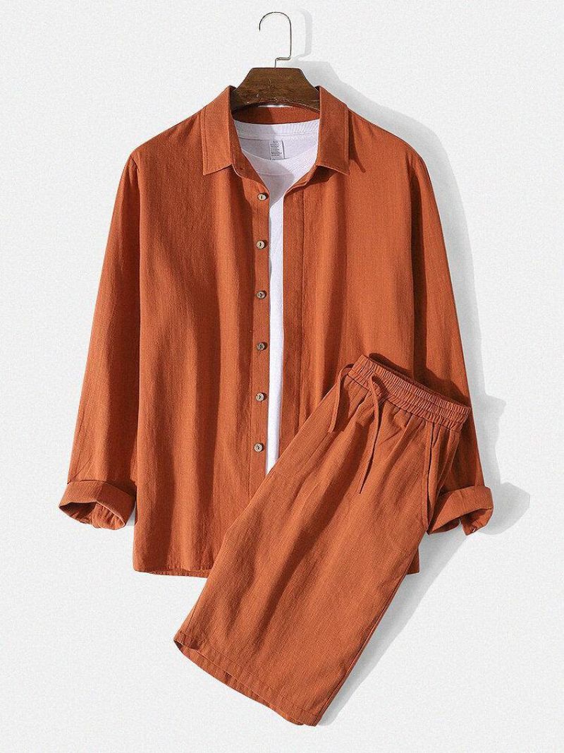 Chemise De Couleur Unie Pour Hommes 100% Coton Avec Poche À Cordon Shorts Ensembles Décontractés De Deux Pièces