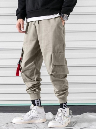 Pantalon De Jogging 100% Coton Avec Poche Plaquée À Boutons-pression De Couleur Unie Pour Hommes