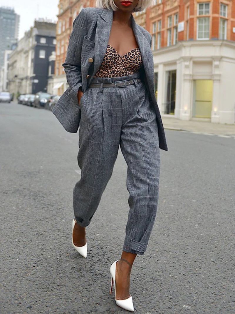 Pantalon De Mode Boutonné Coupe Régulière Urbaine À Carreaux