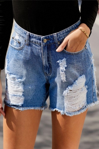 Short En Denim D'aspect Usé À Taille Haute