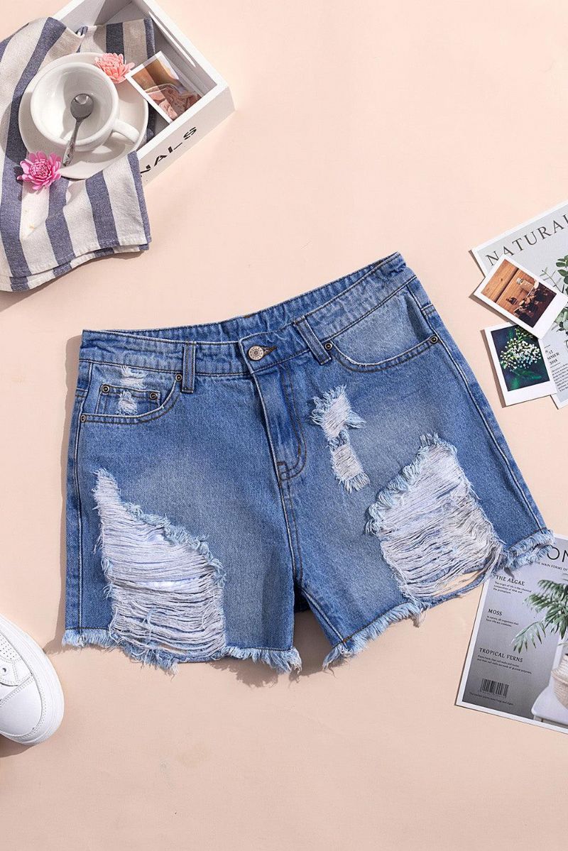 Short En Denim D'aspect Usé À Taille Haute