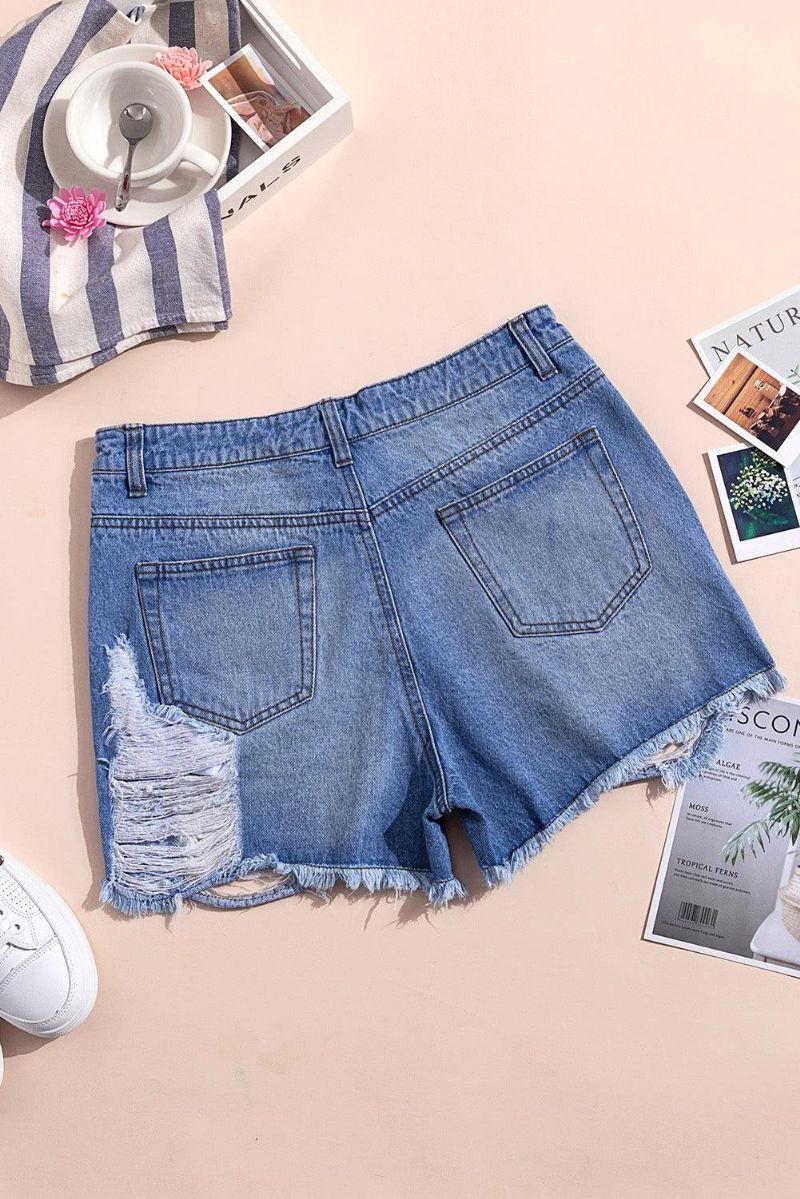 Short En Denim D'aspect Usé À Taille Haute