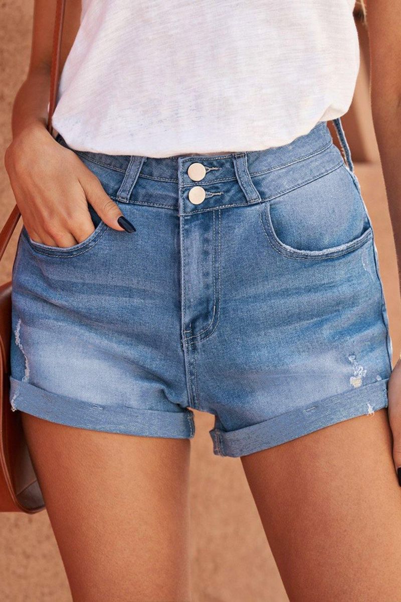 Short En Denim À Double Bouton Et Revers