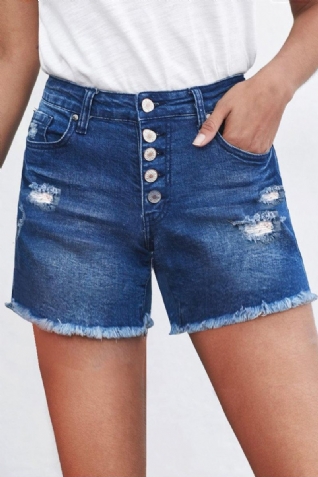 Short En Jean Boutonné Et Effiloché