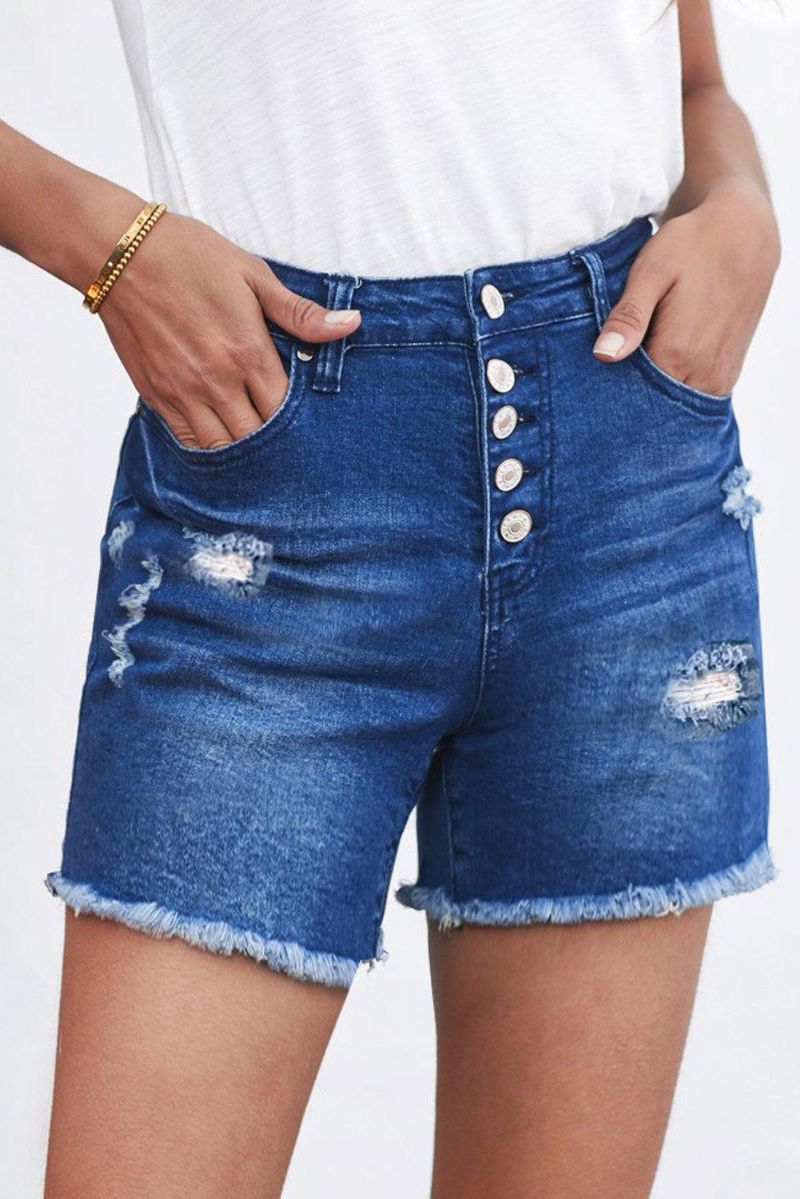 Short En Jean Boutonné Et Effiloché