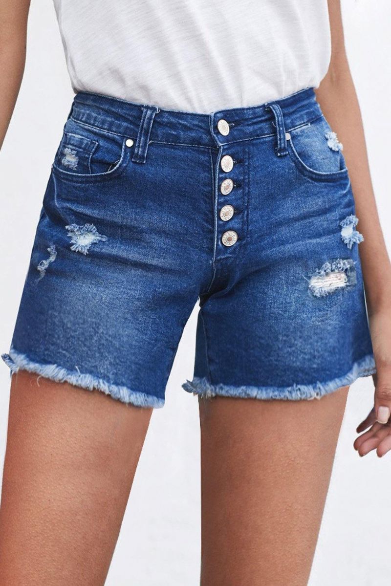 Short En Jean Boutonné Et Effiloché